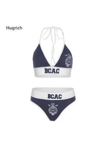 Ladies Collegiate Style Two Piece Swimwear Halter Tie V Neck Bikini Top High Cut Brief With Letter Badge Print