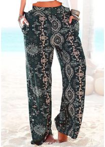 Strandhose Lascana "aus leichter Viskose mit weitem Bein", Damen, Gr. 42, N-Gr, schwarz (schwarz, bedruckt), Jersey, Obermaterial: 100% Viskose, bedruckt, figurumspielend lang, Hosen Strandhose, mit Ethnoprint, Wide-Leg, Marlenehose, leichte Sommerhose, Schlupfhose, Topseller