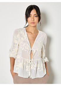 Chiffonbluse Apricot "Besticktes Chiffon-Oberteil mit Blumenmuster", Damen, Gr. XXL (44), beige (creme), gewebt, Obermaterial: 100% Polyacryl PAN recyc.., V-Ausschnitt, Puff&auml;rmel Elastisch, Blusen Chiffonbluse, mit Stickerei