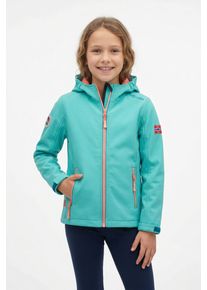 Softshelljacke Trollkids "Girls Trollfjord Jacket", M&auml;dchen, Gr. 128, aqua haze, harbor blau, mellow peach, Softshell, Obermaterial: 94% Polyester, 6% Elasthan, normal, Jacken Softshelljacke, winddicht, w&auml;rmeisolierend, wasserabweisend, windabweisend