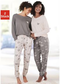 Pyjama, Damen, Gr. 32/34, rosa (rosa, grau), Single Jersey, Obermaterial: 60% Baumwolle, 40% Polyester, VIVANCE DREAMS BY LASCANA, gemustert, Basic, loose fit lang, Rundhals, eingesetzt angesetztes B&uuml;ndchen, Homewear-Sets Pyjama, mit s&uuml;&szlig;em Herzchen-Print, Topseller