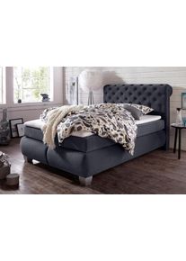 Boxspringbett Hapo, grau (anthrazit), B:154cm L:230cm, Spiegelfl&auml;chen der Oberseite der Unterfederung und die Ober- und Unterseite der Obermatratze sind jeweils mit einem rutschhemmenden Stoff aus 100% Polyester bespannt.;Kopfteil, seitliche Unterbox und Obermatratze: Samtbezug (100% Polyester) oder Kunstleder, Komplettbetten, Boxspringbett