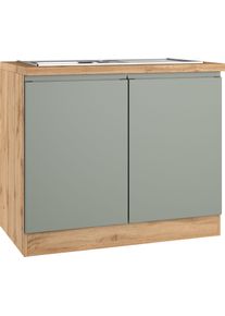 Sp&uuml;lenschrank KOCHSTATION "KS-Virginia,neu in verbesserter Ausf&uuml;hrung", gr&uuml;n (matt salbei, wotaneiche), B:100cm H:86cm T:60cm, MDF, Schr&auml;nke, Sp&uuml;lenschrank, Breite 100 cm, inklusive Einbausp&uuml;le, Soft-Close