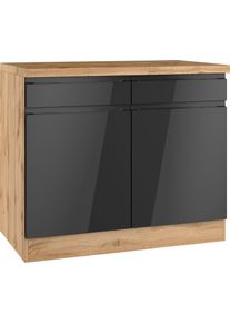 Unterschrank KOCHSTATION "KS-Virginia,neu in verbesserter Ausf&uuml;hrung", schwarz (hochglanz schwarz, wotaneiche), B:100cm H:86cm T:60cm, MDF, Schr&auml;nke, Unterschrank, Breite 100 cm, 2 T&uuml;ren, Soft-Close-Funktion