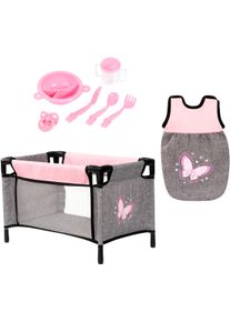 Puppenbett BAYER "Puppen-Reisebett-Set", rosa, grau mit schmetterling, Puppenm&ouml;bel, Kinder, Puppenbett, inklusive Schlafsack, Teller, Trinkbecher, Besteck und Schnuller