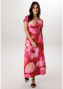 Midikleid Aniston SELECTED, Damen, Gr. 46, N-Gr, rot, rosa, pink, dunkelrot, beige, rost, lila, Single Jersey, Obermaterial: 95% Viskose, 5% Elasthan, bedruckt, gebl&uuml;mt, gemustert, figurumspielend wadenlang, V-Ausschnitt, Kleider Midikleid, mit Smok-Details und fantasievollem Bl&uuml;tendruck, Topseller