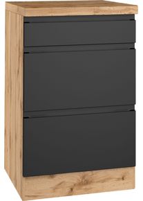 Unterschrank KOCHSTATION "KS-Virginia,neu in verbesserter Ausf&uuml;hrung", matt schwarz, wotaneiche, B:50cm H:86cm T:60cm, MDF, Schr&auml;nke, Unterschrank, Breite 50 cm, 1 Schubkasten, 2 Ausz&uuml;ge, Soft-Close-Funktion