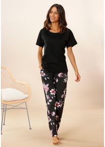 Pyjama, Damen, Gr. 36/38, schwarz, Single Jersey, Obermaterial: 100% Baumwolle, VIVANCE DREAMS BY LASCANA, gebl&uuml;mt, Basic, bequem lang, Rundhals, angeschnitten, Homewear-Sets Pyjama, mit Blumendruck, Topseller