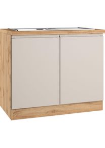 Sp&uuml;lenschrank KOCHSTATION "KS-Virginia,neu in verbesserter Ausf&uuml;hrung", beige (matt kaschmir, wotaneiche), B:100cm H:86cm T:60cm, MDF, Schr&auml;nke, Sp&uuml;lenschrank, Breite 100 cm, inklusive Einbausp&uuml;le, Soft-Close