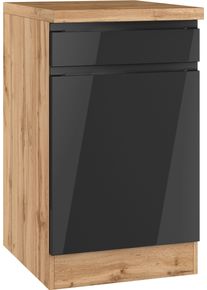 Unterschrank KOCHSTATION "KS-Virginia,neu in verbesserter Ausf&uuml;hrung", hochglanz schwarz, wotaneiche, B:50cm H:86cm T:60cm, MDF, Schr&auml;nke, Unterschrank, Breite 50 cm, 1 T&uuml;r, 1 Schubkasten, Soft-Close-Funktion