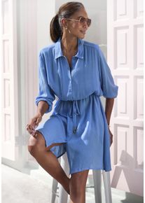 Strandkleid Lascana "in leichter Crepe-Qualit&auml;t mit variablem Tunnelzug in der Taille", Damen, Gr. 44, N-Gr, blau, Cr&ecirc;pe, Obermaterial: 100% Viskose, unifarben, figurumspielend kniefrei, ohne Ausschnitt, 1-Knopf-Manschette, Kleider Strandkleid, kurzes Hemdblusenkleid, Sommerkleid, Longbluse mit langen &Auml;rmeln, Topseller