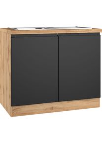 Sp&uuml;lenschrank KOCHSTATION "KS-Virginia,neu in verbesserter Ausf&uuml;hrung", schwarz (matt schwarz, wotaneiche), B:100cm H:86cm T:60cm, MDF, Schr&auml;nke, Sp&uuml;lenschrank, Breite 100 cm, inklusive Einbausp&uuml;le, Soft-Close