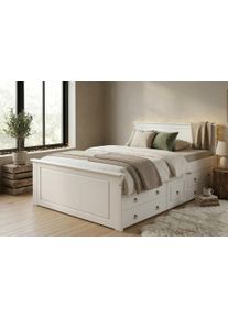 Massivholzbett OTTO HOME "Hugo, FSC zertifiziert, Landhausstil, zeitlos und edel", wei&szlig;, gewachst, B:132cm H:84,5cm L:212cm, Betten, Massivholzbett, Stauraumbett, extra belastbar, Made in EU, viele Breiten