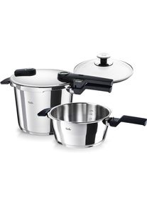 Schnellkochtopf Fissler "VitaquickElemental Dampfkochtopf Premium Drucktopf", silber, B:29,5cm H:32cm L:39,5cm &Oslash;:22cm, T&ouml;pfe, Schnellkochtopf, Schnellkochtopf-Set mit 2 Garstufen und Superthermic Boden
