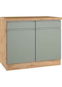 Unterschrank KOCHSTATION "KS-Virginia,neu in verbesserter Ausf&uuml;hrung", gr&uuml;n (matt salbei, wotaneiche), B:100cm H:86cm T:60cm, MDF, Schr&auml;nke, Unterschrank, Breite 100 cm, 2 T&uuml;ren, Soft-Close-Funktion