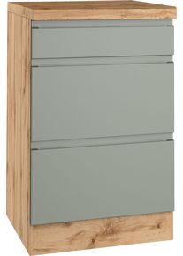 Unterschrank KOCHSTATION "KS-Virginia,neu in verbesserter Ausf&uuml;hrung", matt salbei, wotaneiche, B:50cm H:86cm T:60cm, MDF, Schr&auml;nke, Unterschrank, Breite 50 cm, 1 Schubkasten, 2 Ausz&uuml;ge, Soft-Close-Funktion