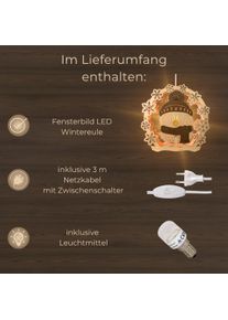 LED Dekolicht Weigla "Wintereule, beleuchtetes Fensterbild, NATUR-BRAUN", natur, braun, B:30,5cm H:30cm T:6cm, Leuchten, LED Dekolicht, Holzkunst aus dem Erzgebirge