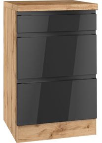 Unterschrank KOCHSTATION "KS-Virginia,neu in verbesserter Ausf&uuml;hrung", hochglanz schwarz, wotaneiche, B:50cm H:86cm T:60cm, MDF, Schr&auml;nke, Unterschrank, Breite 50 cm, 1 Schubkasten, 2 Ausz&uuml;ge, Soft-Close-Funktion