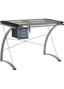 41-Inch Metal and Glass Drafting Table with Adjustable Tilt, 3 Drawers, Pencil Tray, and Storage - Silver