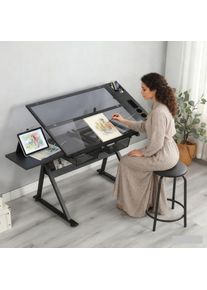 Adjustable Height Glass Art Desk with Stool and Multi-Storage for Sketching and Painting, Ideal for Artists and Hobbyists, Black