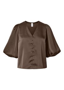 Kurzarmbluse Y.A.S "YASPELLA 2/4 V-NECK TOP S. NOOS", Damen, Gr. S, chocolate braun, Web, Obermaterial: 97% Polyester, 3% Elasthan, unifarben, regular fit normal, V-Ausschnitt, Blusen Kurzarmbluse, Materialmix, regular fit