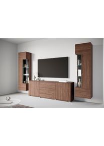 Wohnwand OTTO HOME "KENIA", braun (villa nussbaum), B:270cm H:161cm T:34cm, Holzwerkstoff, Kastenm&ouml;bel-Sets, Wohnwand, Vitrinen mit Eckverglasung, h&auml;ngend und stehend montierbar
