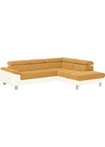 Ecksofa COTTA "Komaris L-Form, B: 249 cm", braun (creme, senf), B:249cm H:72cm T:100cm, Microfaser PRIMABELLE (100% Polyester);Kunstleder SOFTLUX;Feinstruktur (100% Polyester);Kunstleder SOFTLUX/Struktur (100% Polyester);NaturLEDER, Sofas, Ecksofa, mit Kopfteilverstellung, optional Bettfunktion, Bettkasten & Licht