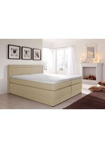 Boxspringbett Hapo, beige, Liegefl&auml;che B/L: 160cm x 200cm, kein H&auml;rtegrad, Bonnell-Federkernmatratze, Kopfteil, seitliche Unterbox und Obermatratze sind mit pflegeleichtem Feinstrukturstoff in Leinenoptik (100% Polyester) bezogen;Die Oberseite der Unterfederung und die Ober- und Unterseite der Obermatratze sind jeweils mit einem rutschhemmenden Stoff aus 100% Polyester bespannt., Komplettbetten, B
