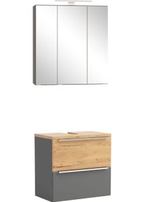 Badm&ouml;bel-Set Welltime "TRIENT, Set: Spiegelschrank und Unterbeckenschrank", onyx, grau, B:60cm H:200cm T:35cm, MDF, Kastenm&ouml;bel-Sets, Badm&ouml;bel-Set, matt onyx-grey/wildeiche, LED-Aufbauleuchte, 2tlg. Unterbecken-Set