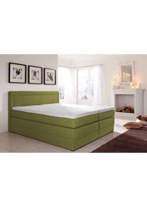 Boxspringbett Hapo, gr&uuml;n, Liegefl&auml;che B/L: 180cm x 200cm, kein H&auml;rtegrad, 7-Zonen-Kaltschaummatratze, Kopfteil, seitliche Unterbox und Obermatratze sind mit pflegeleichtem Feinstrukturstoff in Leinenoptik (100% Polyester) bezogen;Die Oberseite der Unterfederung und die Ober- und Unterseite der Obermatratze sind jeweils mit einem rutschhemmenden Stoff aus 100% Polyester bespannt., Komplettbetten, B