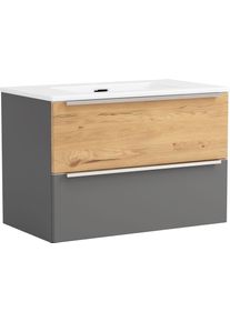 Waschtisch Welltime "TRIENT, Softclose-Ausz&uuml;ge, Keramikbecken", grau (matt onyx, grau, wildeiche, matt onyx, grau), B:80cm H:54cm T:47cm, Waschtische, Waschtisch, matt onyx-grey/wildeiche, Keramikbecken