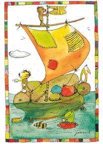 Wanddekoobjekt LUCKYLINDE "Der kleine B&auml;r und der kleine Tiger auf dem Segelboot", bunt, B:20cm H:30cm T:0,3cm, Blech, Wanddekoobjekte, Wanddekoobjekt, Exklusive JANOSCH Kindermotive, Stahlschild