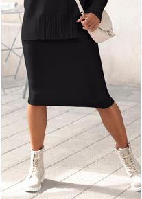 Strickrock Lascana "mit elastischem Bund in Midil&auml;nge", Damen, Gr. 52, schwarz, Strick, Obermaterial: 50% Viskose, 28% Polyester, 22% Polyamid, unifarben, figurbetont kniebedeckend, R&ouml;cke Strickrock, bequemer Midirock aus weichem Strick, Herbstrock mit schmaler Form