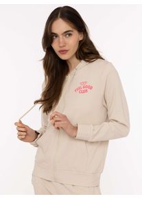 Kapuzensweatjacke Zwillingsherz "Feel Good Club", Damen, Gr. S/M, beige, Sweatware, Obermaterial: 60% Baumwolle, 40% Polyester, bestickt, unifarben, Basic h&uuml;ftbedeckend, ohne Ausschnitt, angesetztes B&uuml;ndchen, Sweatjacken Kapuzensweatjacke, Kapuze, zum Binden, Taschen, kleine Stickerei vorne