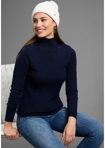 Rollkragenpullover Bruno Banani, Damen, Gr. 36/38, blau (marine), Feinstrick, Obermaterial: 70% Viskose, 30% Polyamid, clean, unifarben, Basic, figurbetont h&uuml;ftlang, hoch geschlossener Ausschnitt, Rippb&uuml;ndchen, Pullover Rollkragenpullover, mit hoch geschlossenem Ausschnitt, figurbetonte Passform