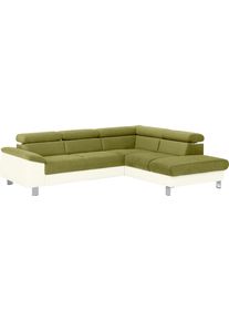 Ecksofa COTTA "Komaris L-Form, B: 249 cm", gr&uuml;n (creme, gr&uuml;n), B:249cm H:72cm T:100cm, Microfaser PRIMABELLE (100% Polyester);Kunstleder SOFTLUX;Feinstruktur (100% Polyester);Kunstleder SOFTLUX/Struktur (100% Polyester);NaturLEDER, Sofas, Ecksofa, mit Kopfteilverstellung, optional Bettfunktion, Bettkasten & Licht