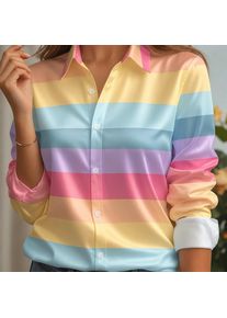 Women Satin Lapel Collar Shirt Pastel Striped Print Long Sleeve Loose Blouse Elegant Office Daily Casual Button Front Silk Feel