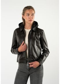 Lederjacke Mauritius "MWAvih", Damen, Gr. S (36), schwarz braun, Obermaterial: 100% Schafsleder. Futter: 100% Polyester. Kapuze: 100% Nylon. &Auml;rmelfutter: 100% Polyester, unifarben, regular fit h&uuml;ftlang, mit Druckknopf,mit Schlitz, Jacken Lederjacke, mit abnehmbarer Nylon-Kapuze