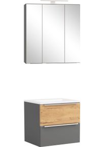 Badm&ouml;bel-Set Welltime "TRIENT, Set: Spiegelschrank und Waschtisch", grau (onyx, grau), B:60cm H:200cm T:47cm, MDF, Kastenm&ouml;bel-Sets, Badm&ouml;bel-Set, matt onyx-grey/wildeiche, LED-Aufbauleuchte, 2tlg. Waschtisch-Set