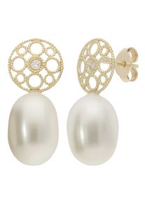 Paar Ohrstecker Firetti "Schmuck Geschenk Gold 375 Ohrschmuck Ohrringe runde Scheiben", gold (gelbgoldfarben, kristallwei&szlig;, wei&szlig;, kristallwei&szlig;), Ohrringe, Damen, 8,5mm, Gelbgold 375 Perlen, Gelbgold 375, Perlen, Paar Ohrstecker, mit Zirkonia (synth.) - mit S&uuml;&szlig;wasserzuchtperle