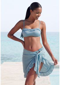 Strandrock Lascana "mit R&uuml;schenkante, leicht transparente Chiffonware", Damen, Gr. 1, blau (powder, blau), Chiffon, Obermaterial: 100% Polyester, unifarben, figurumspielend kurz, R&ouml;cke Strandrock, Pareo, kurzer Wickelrock, Beach Cover-up