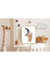 Bild mit Rahmen queence "B&auml;r mit Halbmond", braun (farbe rahmen: natur, braun, beige, farbe bild(er): braun), B:30cm H:40cm T:1,5cm, Holz, Plexiglas, Bilder, Bild mit Rahmen, HD Premium Posterdruck mit Echtholzrahmen