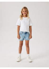 Jeansshorts name it "NKFROSE REG DNM SHORTS 6042-AC NOOS", M&auml;dchen, Gr. 146, N-Gr, blau (medium blau denim (blank)), Denim/Jeans, Obermaterial: 100% Baumwolle, Abriebeffekte, unifarben, regular fit kurz, Jeans Jeansshorts, Baumwolle, mit Glitzersteinchen