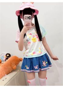 Girls Slim Subculture Two Piece Outfits Y2K Kawaii Japanese Printed Short Crop Tops Mini Skirts Vacation Vintage Casual Sets
