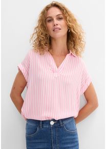 Kurzarmbluse bonprix "Kurzarmbluse aus flie&szlig;ender Viskose", Damen, Gr. 38, rosa (rosa, wei&szlig; gestreift), Web, Obermaterial: 100% Viskose, gestreift, loose fit h&uuml;ftbedeckend, V-Ausschnitt, angeschnitten Umschlagsaum, Blusen Kurzarmbluse, Loose Fit, f&uuml;r einen luftigen Look, aus Viskose, gestreift
