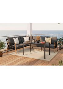 Ambia Garden Dining-Loungeset, Naturfarben, Dunkelgrau, Metall, Glas, Textil, 4-teilig, F&uuml;llung: Polyester,Schaumstoff, Polyester, links montierbar, rechts montierbar, 205.5x265.5 cm, rostfrei, wetterbest&auml;ndig, wetterfest, Gartenm&ouml;bel, Gartengarnituren, Gartenm&ouml;bel-Sets