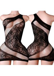 One Shoulder Sexy Loophole Open Bras Bodysuits Erotic Crotchless Lingerie Women Mesh Hollow Mini Dress Black Plus Size Underwear