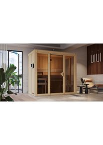 Sauna Karibu "Ivana 2", beige (naturbelassen), Saunaofen, externe Steuerung, 3,6 kW, Saunen, Sauna, Ganzglasfront