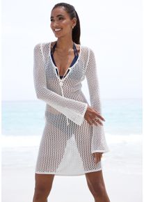 Strickkleid Lascana, Damen, Gr. 46, N-Gr, beige (creme), Strick, Obermaterial: 100% Viskose, unifarben, figurumspielend ca. Mitte Oberschenkel, Rundhals, Kleider Strickkleid, mit langen &Auml;rmeln, modisches Strandkleid, Topseller