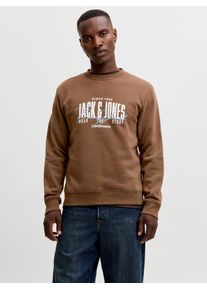 Jack & Jones Sweatshirt JACK & JONES "JJAERO SWEAT CREW NECK", Herren, Gr. XS, braun (cocoa detail:big print), angeraute Sweatware, Obermaterial: 65% Polyester, 35% Baumwolle, bedruckt, normal, Rundhals, Rippb&uuml;ndchen, Sweatshirts Sweatshirt, Materialmix, regular fit